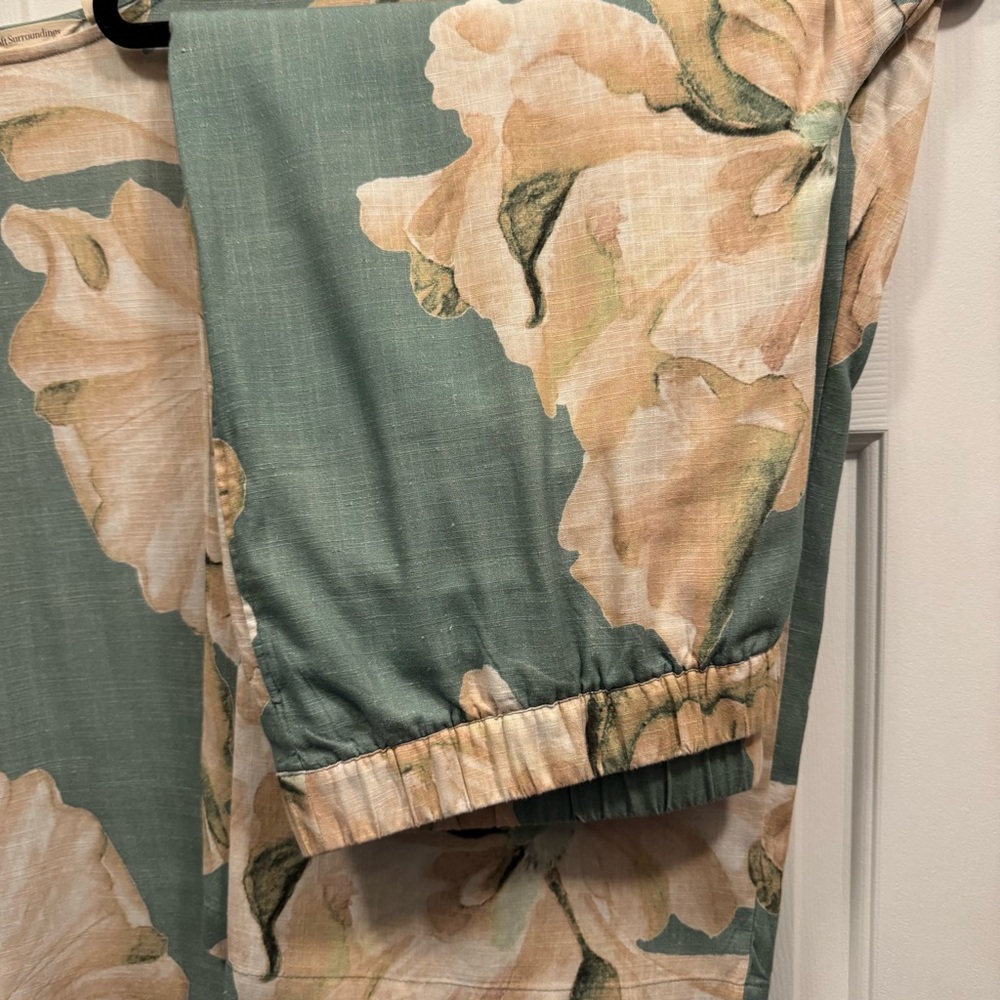 Women’s Top & Pants Set Linen Green Beige Floral - Picture 5 of 10
